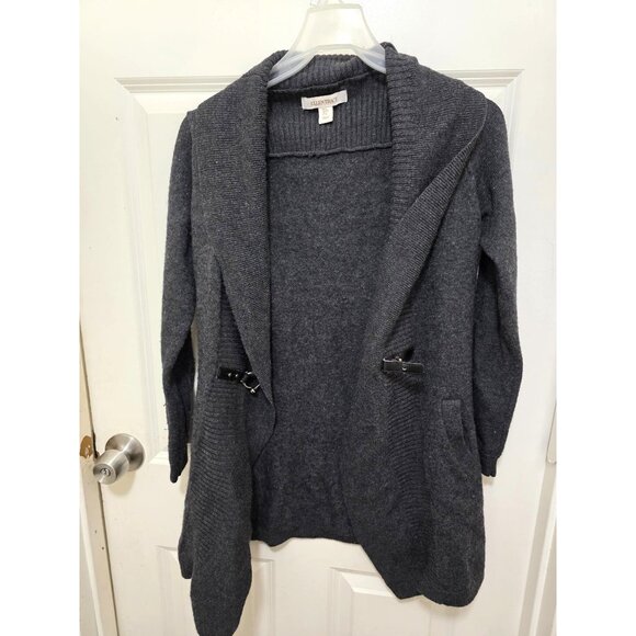 Ellen Tracy Women's Open Front Long Cardigan Wool Blend Leather Accent & Pockets - Picture 2 of 11